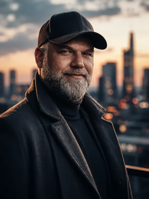 Robert James Perkins mit Cap vor einer Skyline