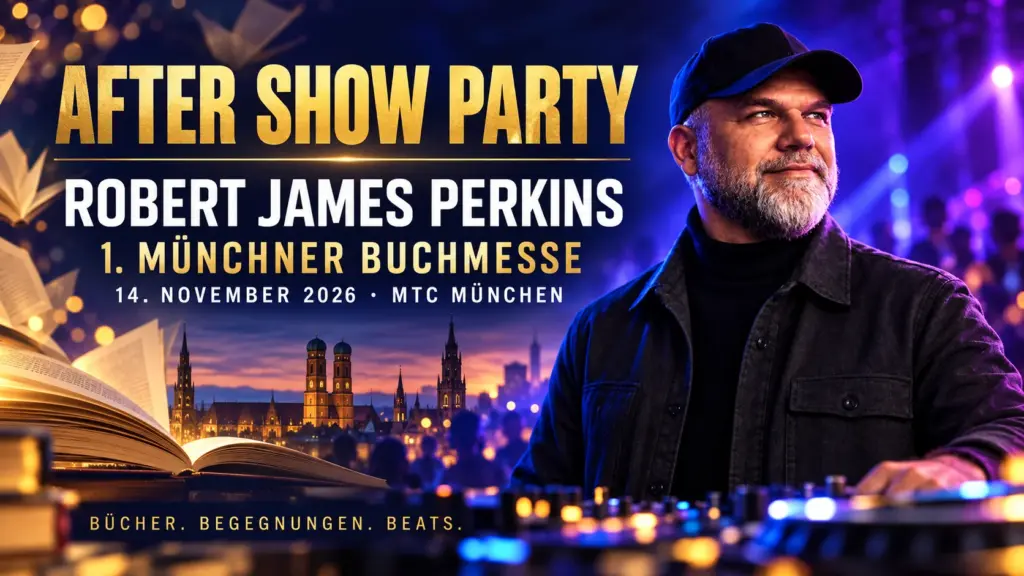 Werbemotiv: Robert James Perkins vor violetter Bühnenbeleuchtung, Büchern und Münchner Skyline zur After Show Party der 1. Münchner Buchmesse am 14. November 2026.